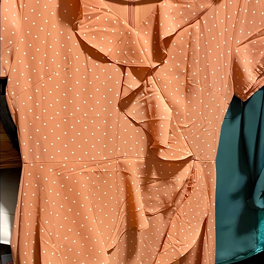 Never worn pink dress white polka dots with ruffles Womens s/m